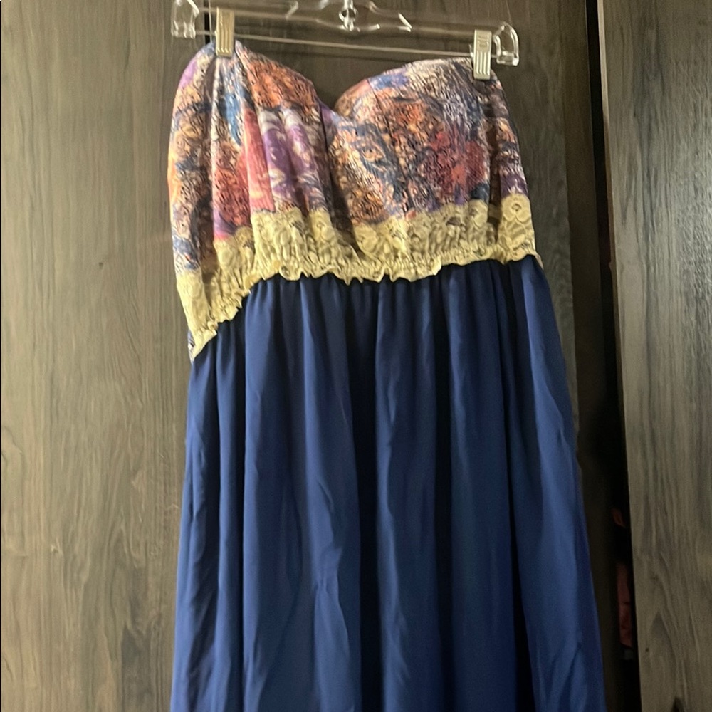 New Look Strapless Maxi Dress in Navy with Multicolor Bodice